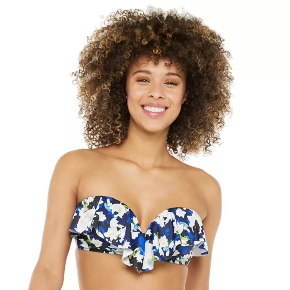 NWT Nicole Miller Sweetheart Flounce Bandeau with Ruffle Halter Bikini Top Sz S‎